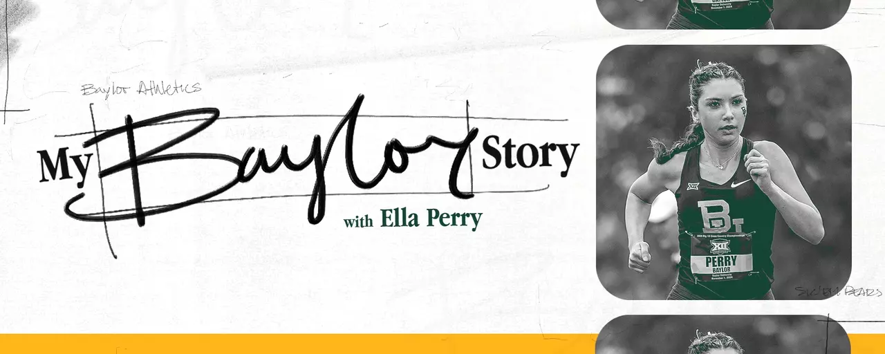 Promotion graphic of My Baylor Story series featuring a picture of Ella Perry running