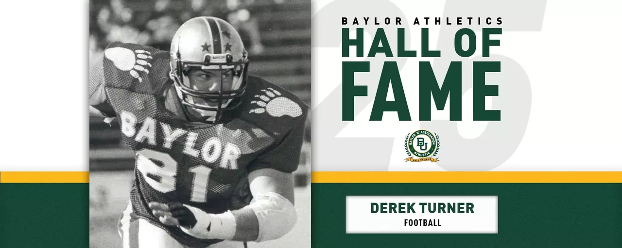 Graphic celebrating football player Derek Turner's Hall of Fame induction; graphic features an old photo of Turner attempting to tackle in a football game
