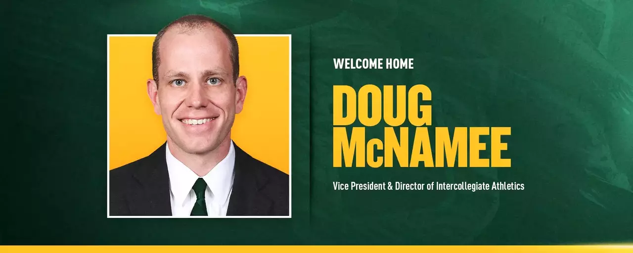 Graphic with image of Doug McNamee with Welcome home and Vice President and Director of Intercollegiate Athletics text