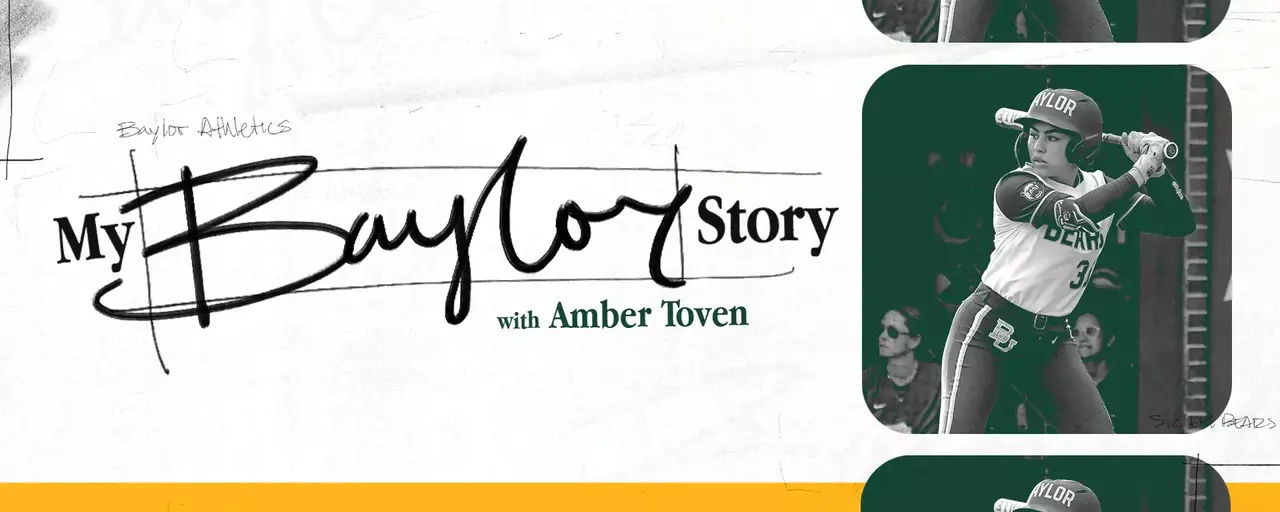 My Baylor Story Graphic with Amber Toven and a photo of Amber Toven playing softball