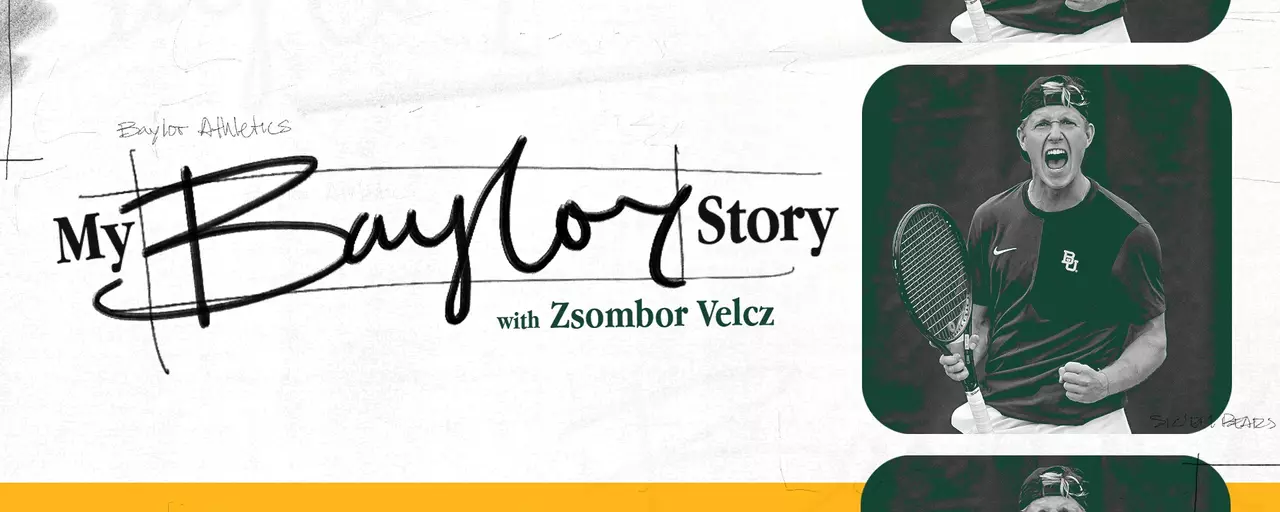 My Baylor Story graphic featuring a photo of Zsombor Velcz from men's tennis; click to read story