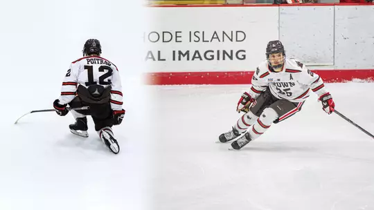 Ben Poitras (l.) and Zackary Tonelli (r.) skating at a home game. The duo were named All-Ivy