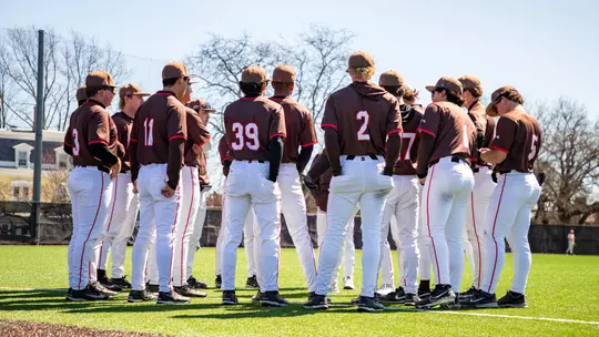 Brown baseball huddles up before its game against Princeton on March 29, 2026