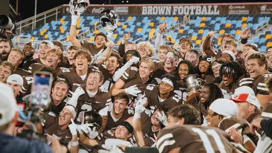 Brown celebrates it's Governor's Cup win over URI on Oct. 3, 2025