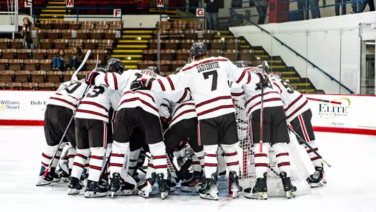 Men's Hockey Huddle Against Princeton