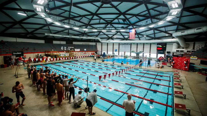 The Ball State swimming and diving team takes part in an intramural swimming meet during senior day at Lewellen Aquatic Center in Muncie, Indiana on January 11, 2025. Photo by Bobby Ellis/Ball State University