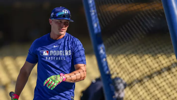 LOS ANGELES, CA - SEPTEMBER 30: Alex Call #12 of the Los Angeles Dodgers takes batting practice prior to Game One of the National League Wild Card Series between the Cincinnati Reds and the Los Angeles Dodgers at Dodger Stadium on Tuesday, September 30, 2025 in Los Angeles, California. (Photo by Katelyn Mulcahy/MLB Photos via Getty Images)