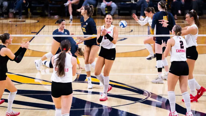 Senior middle Gwen Crull celebrates a kill in Ball State's 3-1 setback at Toledo on Oct. 2, 2026