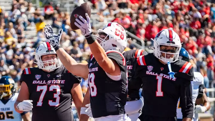 The Ball State football team competes against Toledo University at Scheumann Stadium in Muncie, Indiana on October 03, 2026. Photo by Bobby Ellis/Ball State University