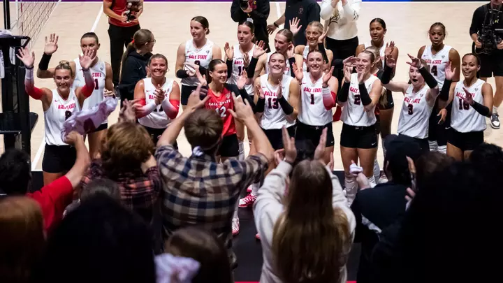 The Ball State women's volleyball team celebrates its Sept. 25, 2026 victory over Western Michigan with its fans.