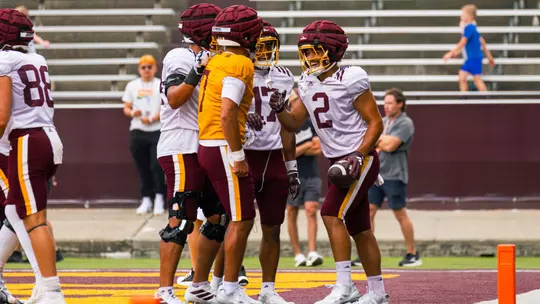 Offense celebrating after a touchdown during an Central Michigan football fall scrimmage on Friday, Aug. 21, 2026 in Mount Pleasant. (Ty Klopf/Central Michigan Football)