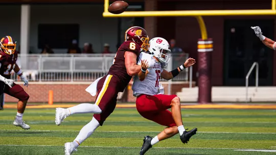 Hunter Zirkle (#6) gets a strip sack during the 2nd quarter of the Central Michigan vs Colgate football game on Saturday Sept. 12,, 2026 in Mount Pleasant. (Ty Klopf/Central Michigan Football)