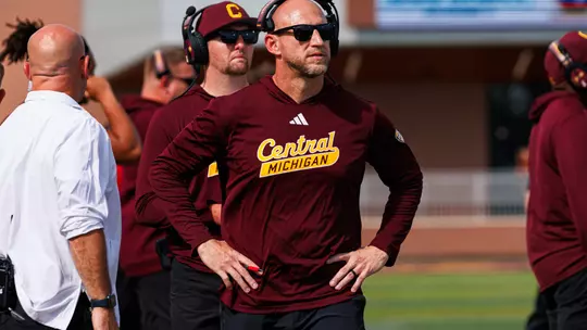 Head Coach Matt Drinkall looks towards the videoboard during the 4th quarter of the Central Michigan vs Colgate football game on Saturday Sept. 12, 2026 in Mount Pleasant. (Ty Klopf/Central Michigan Football)
