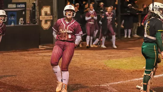 Julia Sitterding celebrating Feb. 6 win against George Mason