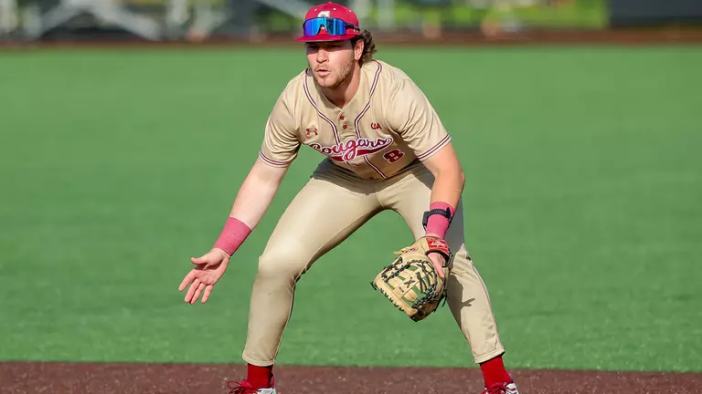 Payton Frehner waiting to field a ball at first base.