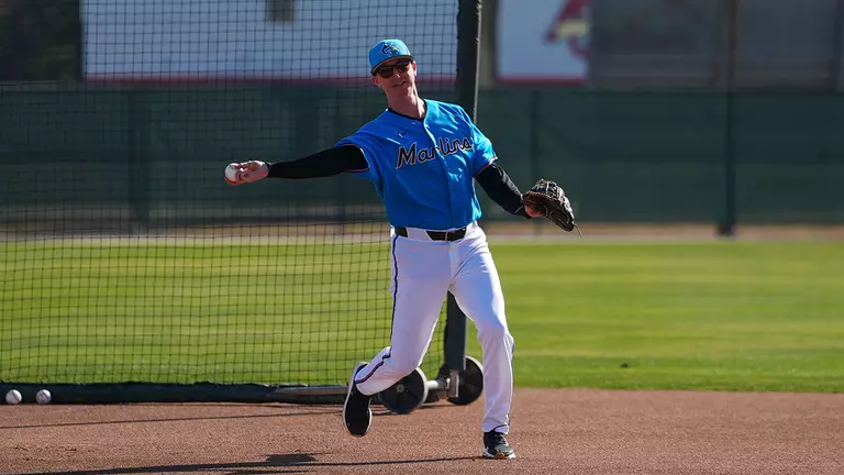 CofC baseball alum Blake Butler, who now coaches, fielding a ground ball with the Miami Marlins in Spring Training 2026.