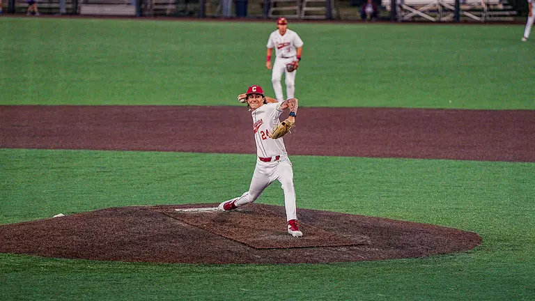Kaden Myers throwing a pitch April 10 vs North Carolina A&T.