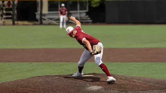 Alex Lyon throwing a pitch April 26 vs Campbell.