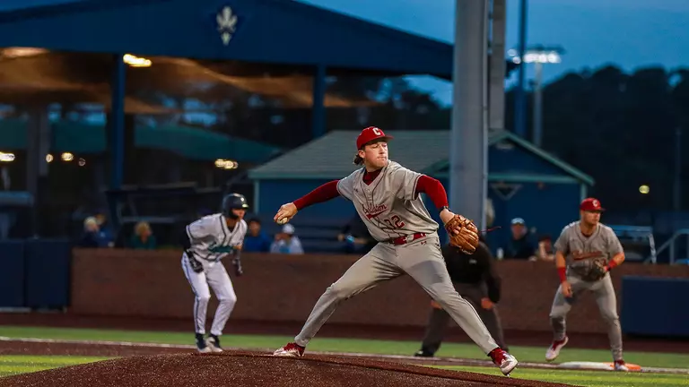Carter Harrington throwing a pitch May 1, 2026 at UNCW.