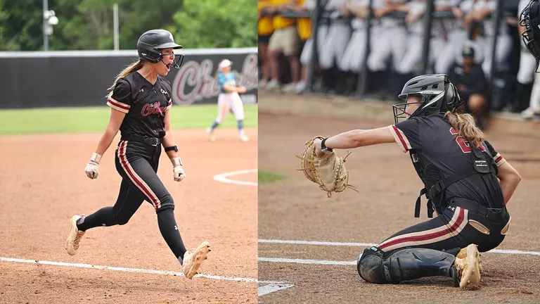 Leela Langston catching and Bronwyn Conroy running home, split photo