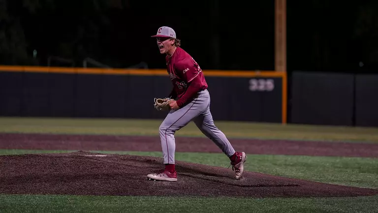 Parker Sweeney celebrating the final out May 8 at Elon.