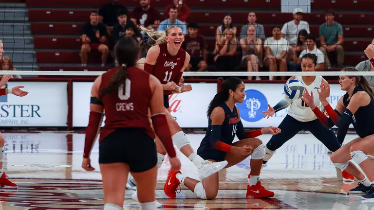 Makena Parthen celebrating a block Sept. 11 vs Duquesne.