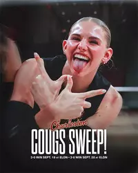 Graphic celebrating volleyball's sweep over Elon