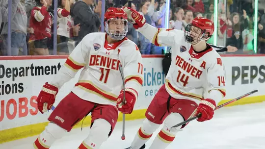 DENVER, COLORADO - FEB 27: The Denver Pioneers men's ice hockey team takes on Arizona State at Magness Arena in Denver, Colorado. (Photo by C. Morgan Engel/Clarkson Creative Photography)