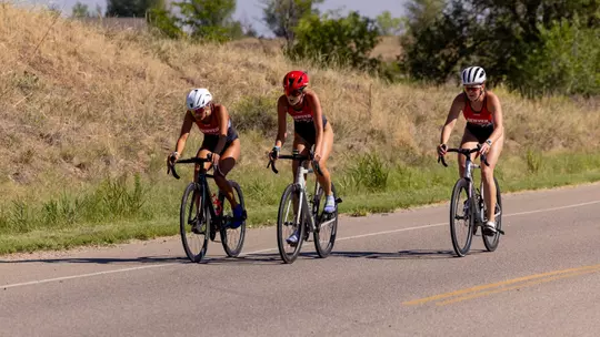 Coco Reed, Samantha Perry and Mia Stanley-Hunt during DU's Intrasquad Triathlon on August 26, 2026