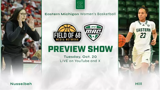 Sahar Nusseibeh (left) and Peyton Hill appear on a graphic promoting the Oct. 20 Field of 68 MAC Season Preview Show live on YouTube