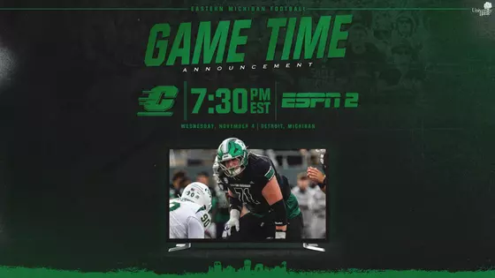 Football graphic showing Tyler Brumfield emerging from a television set and featuring the 7:30 p.m. kickoff time and ESPN2 logo for the EMU game with Central Michigan in Detroit
