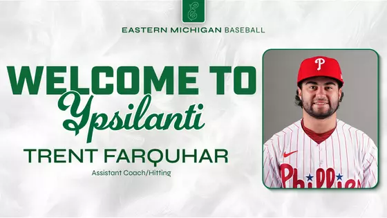 Graphic depicting that Trent Farquhar has been hired as EMU baseball's hitting coach