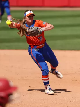 during the Gators' game against the Arkansas Razorbacks on Sunday, March 29, 2026 at Bogle Park in Fayetteville, Ark. / UAA Communications photo by Hannah White