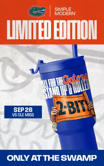 Simple Modern blue cup with 2-bit artwork and with blue lid and straw (Proud Sponsor of Florida Athletics)