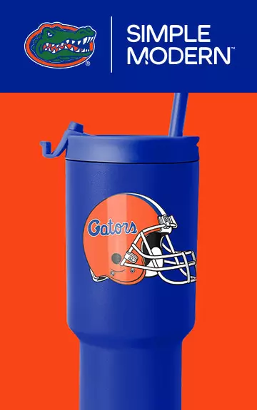 Simple Modern blue cup with orange gators helmet and with blue lid and straw (Proud Sponsor of Florida Athletics)