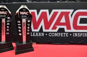 ALBUQUERQUE, NEW MEXICO - FEBRUARY 18:  A general view shows the Championship trophies for the 2022 WAC Indoor Track & Field Championships on February 18, 2022 in Albuquerque, New Mexico.  (Photo by Sam Wasson for the Western Athletic Conference)