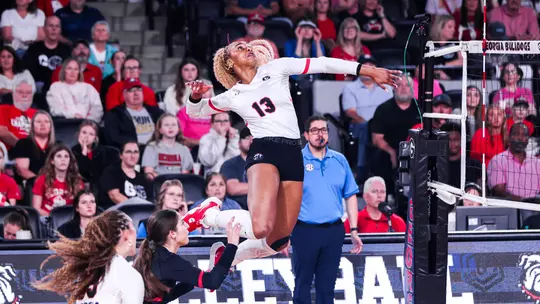 Georgia outside hitter Bianna Muoneke (13) during Georgia's match against Oklahoma at Stegeman Coliseum in Athens, Ga., on Sun., Oct. 3, 2026. (Ethan Levine/UGAAA)