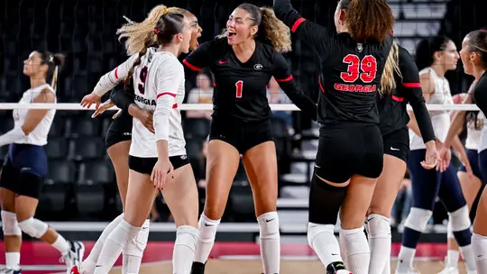 Georgia libero and outside hitter Ana Julia Bleeker (9), Georgia middle blocker Tori Harper (1), Georgia outside hitter Alyssa Worden (39) during Georgia's match against Georgia Tech at Stegeman Coliseum in Athens, Ga., on Saturday, Sept. 19, 2026. (Sofia Yaker/UGAAA)