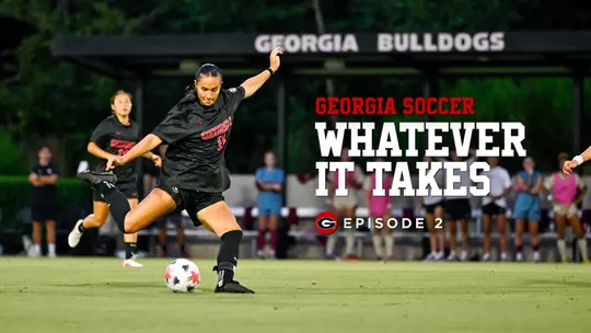 Georgia Soccer: Whaterver It Takes - Episode 2 thumbnail with Kiera Staude about to strike the ball.