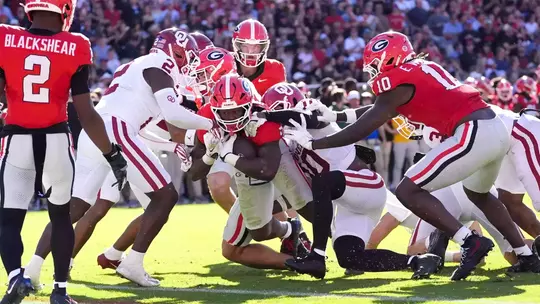 Sep 26, 2026; Athens, Georgia, USA; Georgia Bulldogs running back Chauncey Bowens (5) runs for a six-yard touchdown against the Oklahoma Sooners during the first half at Sanford Stadium. Mandatory Credit: Dale Zanine-Imagn Images