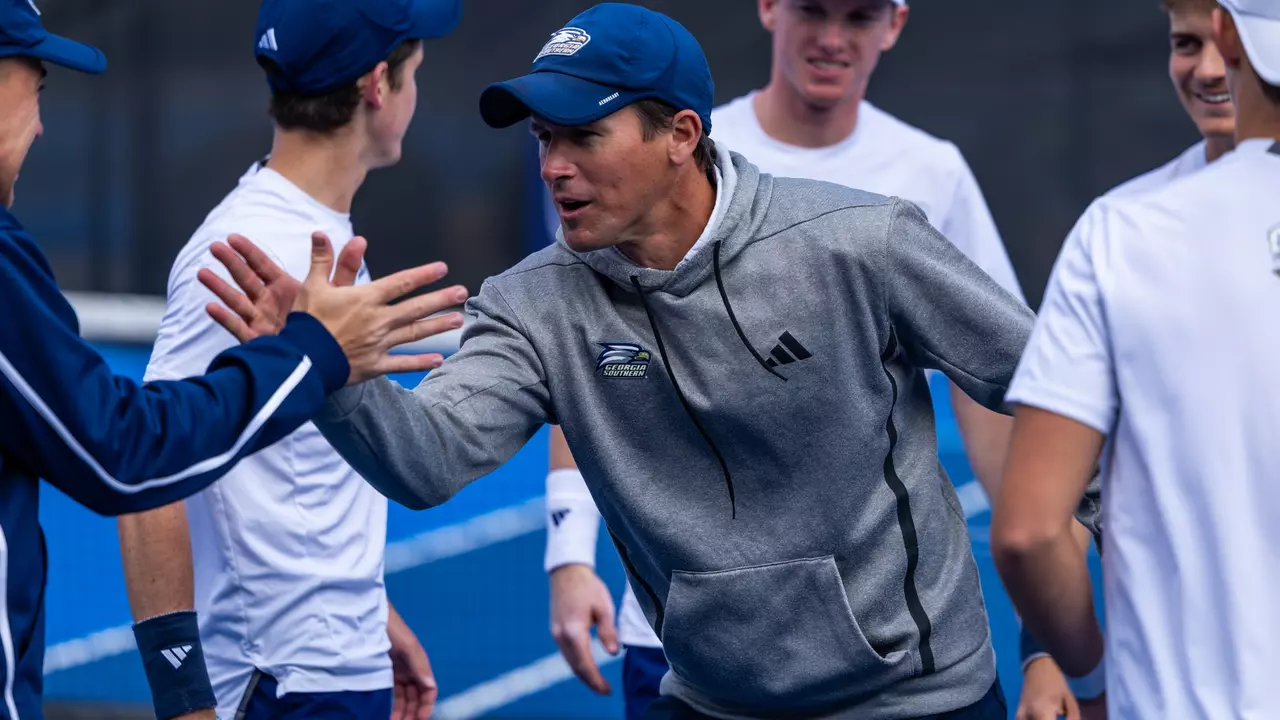 Georgia Southern Men's Tennis head coach Andrew Goodwin during the NCAA men's tennis match between Georgia Southern and South Carolina State at Wallis Tennis Center on February 13, 2026 in Statesboro, Georgia. (Photograph by AJ Henderson / Georgia Southern Athletics)
