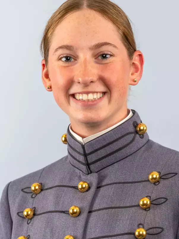 Bridget O'Shaughnessy Headshot with Cadet full dress gray uniform on.