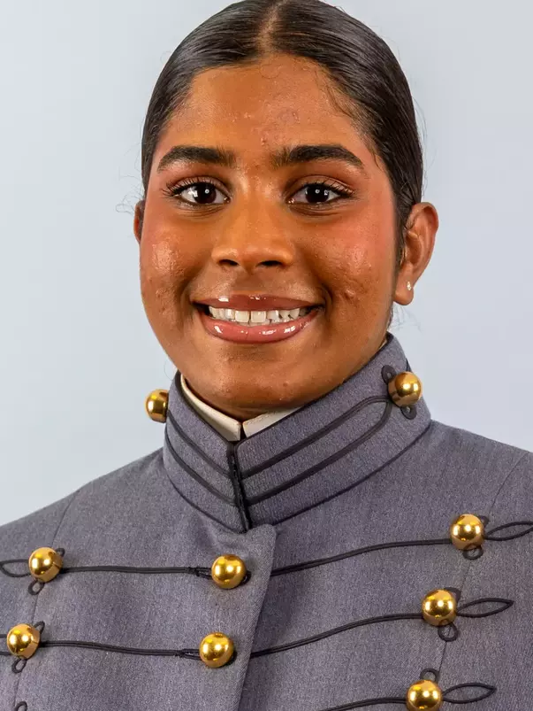 Haasini Prabhakar Headshot with Cadet full dress gray uniform on.