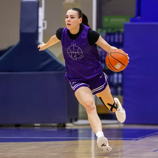 Jessie-May Hall pushes the ball up court in transition during a scrimmage.