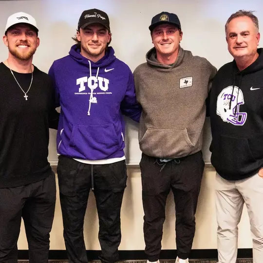Sonny Dykes with Shane Buchele, Ken Seals, and Max Duggan
