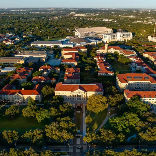 Drone shot of TCU's campus with Amon G. Carter stadium shown in the back.