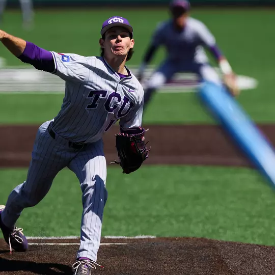 Zack James throws a pitch at Kansas State in a 4-0 win for TCU on April 5, 2026.