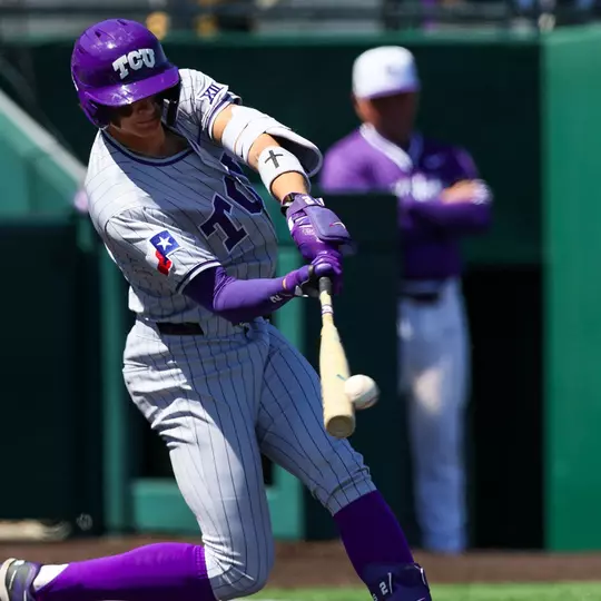 Preston Gamster swings at a pitch in a game at Kansas State on April 5, 2026.