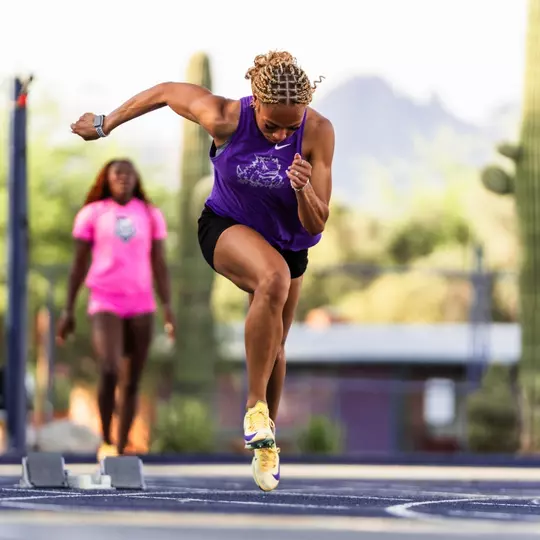 TCU track and field's Bryce Brazzell sprints out of the starting block in practice