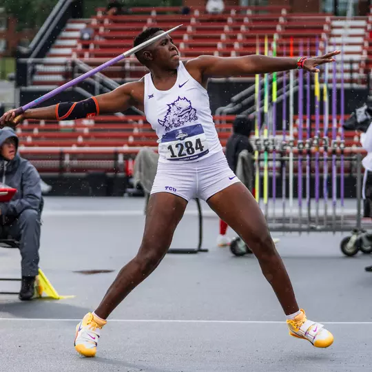 TCU's Irene Jepkemboi throws the javelin in the rain at the NCAA West Regionals